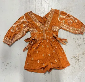 Free People Rust Orange Embroidered Long Sleeve Romper Boho V-Neck Small thumbnail 1