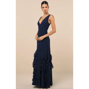 Lulus Alorna Dark Navy Sleeveless Ruffled Maxi Dress Formal Chiffon XS NWT thumbnail 2