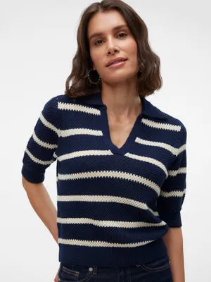 NEW Vero Moda VMamazing Navy & Cream Striped V-Neck Polo crop Sweater women’s XL thumbnail 2