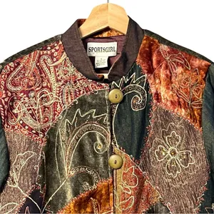Vintage Womens Artsy Velvet Denim Patchwork Tapestry Jacket Size S Boho thumbnail 2