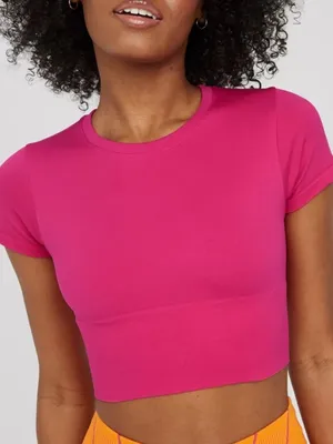 Offline by Aerie Pink Seamless Cropped Crew Neck Athletic Tee Stretch S thumbnail 1