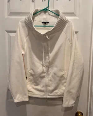 Lands End Womens XL Cream Full Zip Fleece Jacket Mock Neck Ribbed Trim Pocket thumbnail 1
