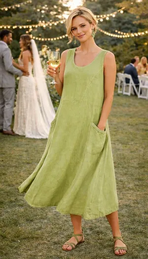 Sleeveless 100% Cotton Midi Dress with Pockets Light Green size 14 thumbnail 1