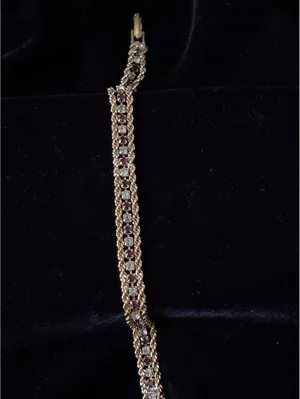 Vintage Mid-Century Gold Tone Purple & Clear Rhinestone Tennis Bracelet 7" thumbnail 3