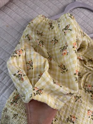 RVCA Gretel yellow gingham Floral smocked cottage puff Sleeve Mini Dress L thumbnail 12