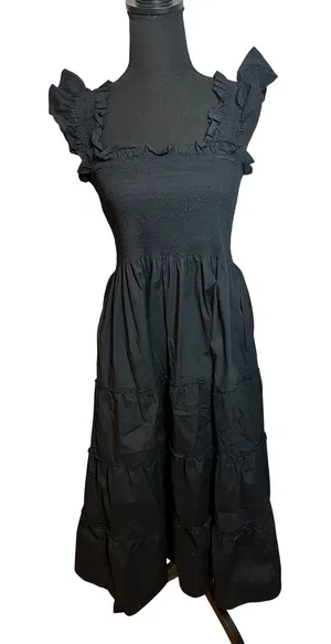 Hill House Home The Ellie Nap Dress Black Smocked Ruffle Tiered Midi Small thumbnail 1