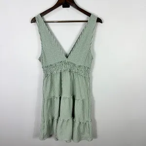 American Eagle Dress M Green Stripe Smocked Tiered Cottagecore Coastal‎ Granola thumbnail 4