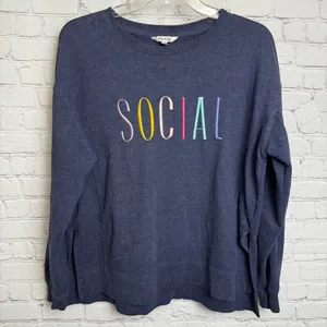 Wildfox Women's blue pullover sweatshirt size large Social colorful embroidery thumbnail 2