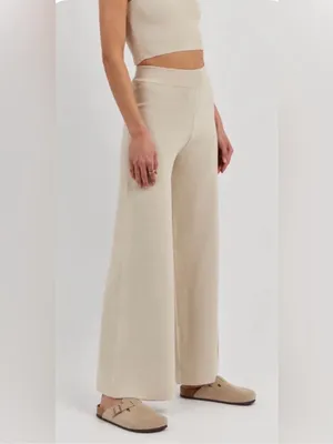 DISSH Emery Oatmeal Ribbed Knit Cotton Wide Leg Pull On Casual Boho Pants L thumbnail 2