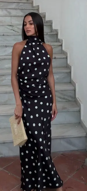 Zara Black Polka Dot Halter Satin Scarf Maxi Dress thumbnail 1