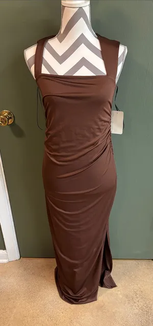gaze Chocolate Brown Square-Neck Maxi Dress with Side Ruching thumbnail 1