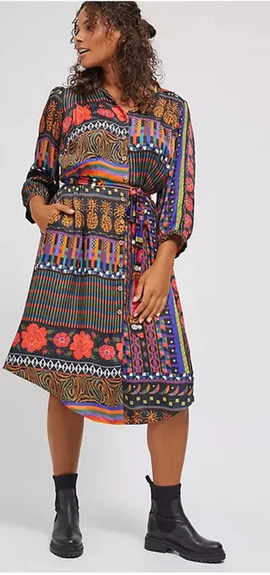 Farm Rio Anthropologie Midi Shirtdress Black Floral Patchwork thumbnail 1