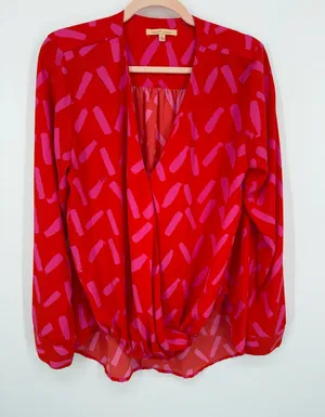 Gibson Latimer Women's Large Red Pink Long Sleeve Wrap Blouse Flowy Dressy Work thumbnail 1