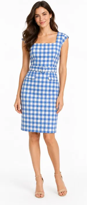 Ann Taylor Blue White Gingham Belted Sheath Dress Size 0 thumbnail 1