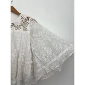 Champagne & Strawberry Floral Blouse Boho Sheer Flowy Lace Top Bell Sleeves L thumbnail 3