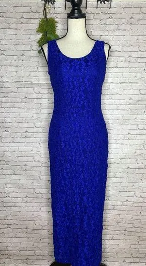 Vintage Cobalt Blue Lace Bodycon Maxi Evening Dress thumbnail 1
