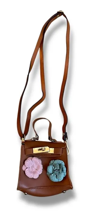 Mini Brown Crossbody Bag Floral Applique Gold‎ Lock Women’s Adjustable Strap thumbnail 1