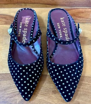 KATE SPADE Meg Black Velvet Rhinestone Button Polka Dot Pointed Mule Shoes thumbnail 1