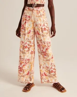 ✨Abercrombie & Fitch Linen-Blend Pull-On Wide Leg Orange Pattern Sz Small R Pant thumbnail 2