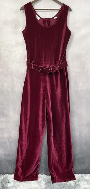Vintage Newport News‎ Jumpsuit Women Large Red Velvet Ribbed Stretch Minimalist thumbnail 1