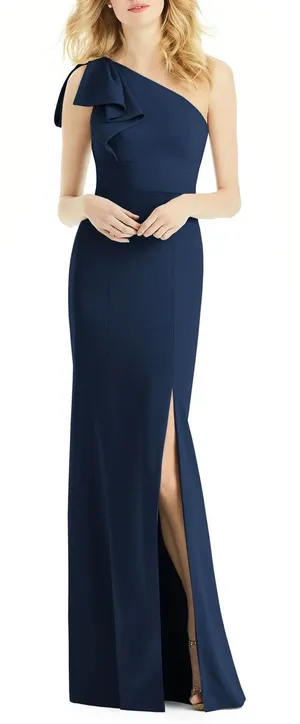 After Six Bow One-Shoulder Trumpet Gown Navy Blue Maxi Dress Size 2 thumbnail 1