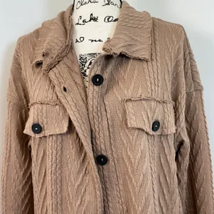 Oversized Knit Shacket Button Down Collared‎ Top Pockets Tan Medium Brown thumbnail 3