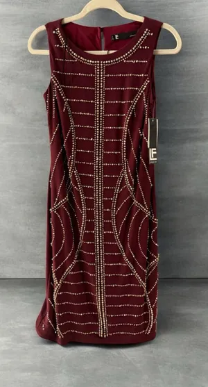 Women's Leslie Fay Mini Dress Size 6 Burgundy Gold Studded Embellished thumbnail 1