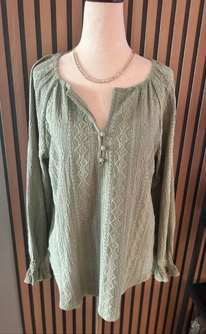 Frye Shirt Womens sz S Green Textured Peasant Boho Festival Blouse thumbnail 1