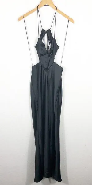 Zara Black Satin Cut Out Slip Maxi Dress Small Tie Back Cocktail Formal Wedding thumbnail 4