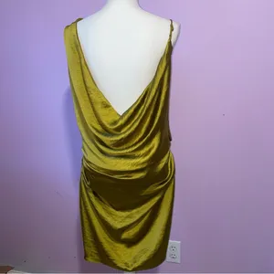 PRETTY LITTLE THING x Naomi Campbell Chartreuse Satin Extreme Cowl Bodycon Dress thumbnail 7