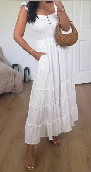 White Ruffle Maxi Dress with Button Detail thumbnail 1