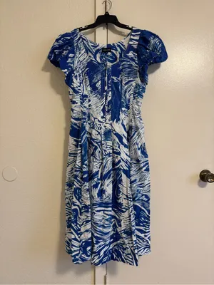 Jessie Zhao Blue Printmaking Scoop Neck Cotton Midi Dress Size 8 thumbnail 2