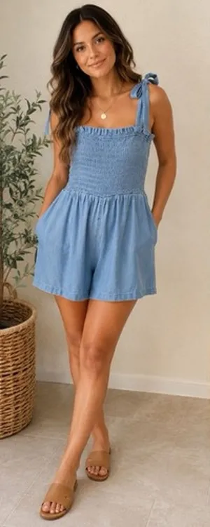 VICI Chambray Blue Romper NWOT XL Smocked Bow Tie Strap Pockets Square Neck Boho thumbnail 1