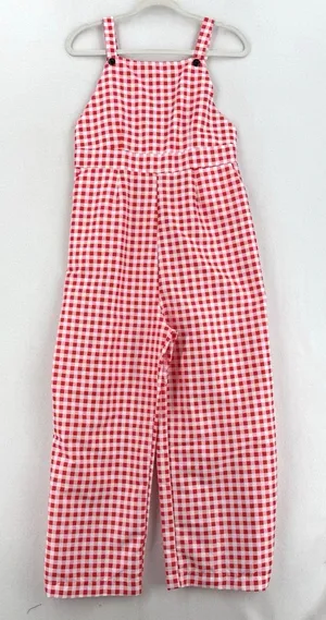 Red Pink Gingham Wide Leg Overall Jumpsuit Women L Button Hem Cottagecore Picnic thumbnail 1