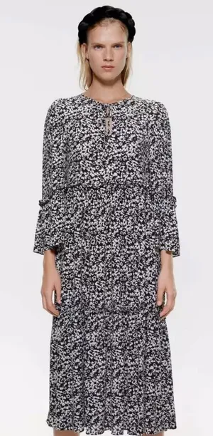 Zara white black midi ruffle floral dresss size medium boho‎ relaxed fit flowy thumbnail 1