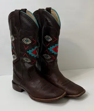 Noble Outfitters Stylish Brown Leather Ankle Boots with Embroidered Accents thumbnail 1