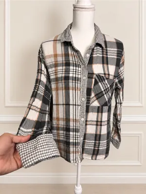 Aerie Patchwork Plaid Cotton Button Down Shirt Small Oversized Fall Top Everyday thumbnail 3
