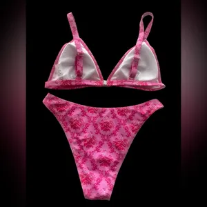 SheIn Vibrant Pink and Red Bikini with Triangle Top and High-Cut Design thumbnail 2