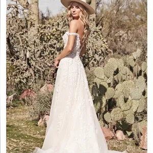 Lilian West Bohemian Off-The-Shoulder A-Line Wedding Gown with Lace Size 14 thumbnail 6
