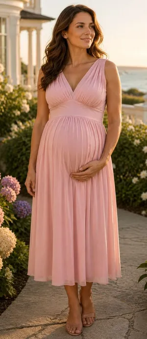 Maternal America Pink Baby Shower Maternity Dress V-Neck Empire Waist Small‎ NWT thumbnail 1