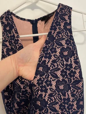 AQUA Navy Blue Lace Light Pink Lining V-Neck Sleeveless Fit Flare Skater Dress thumbnail 7
