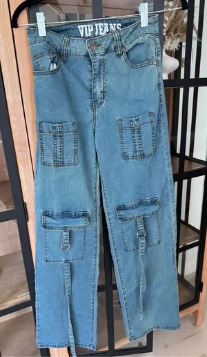 Y2k jeans cargo pants pockets straight leg high rise medium wash wide baggy thumbnail 1