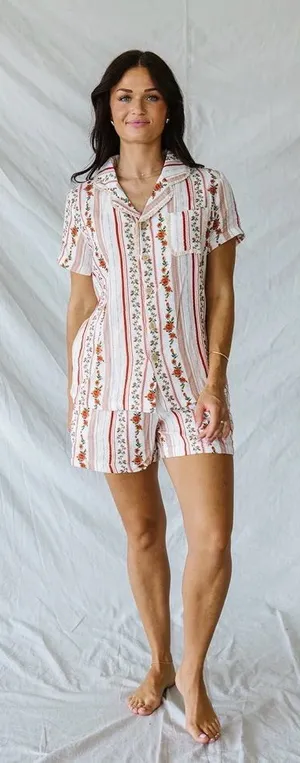 Lates by Kate Bamboo Gauze Women's Pink Floral Stripe Short Pajama Set thumbnail 1