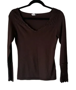 Venus Sweater Y2k‎ Small Brown Crochet Trim Long Sleeve Pullover Fairy Top thumbnail 1