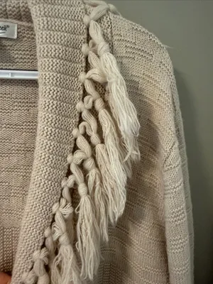 Vintage Coldwater Creek Western Boho Cardigan Sweater Tassels Cream Large L thumbnail 4