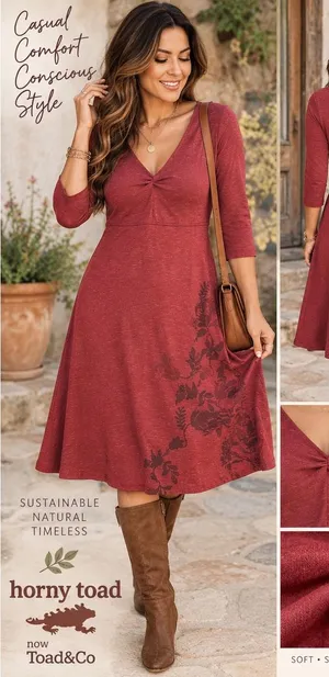 Horny Toad Toad&Co XS Red Floral Tencel Organic Cotton A-Line Dress 3/4 Sleeve thumbnail 1