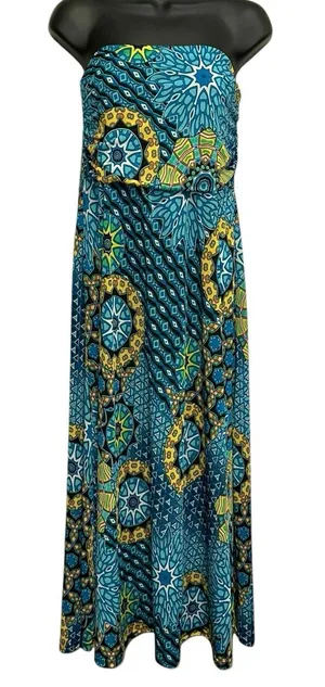 Win Win Maxi Dress L/XL Blue Green Boho Print‎ Sleeveless thumbnail 1