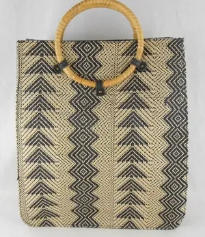 Wet Seal Geometric Woven Tote Bag Straw Black Tan Round Handle thumbnail 1