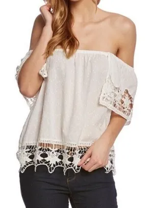Roxy Crochet Lace Swiss Dot Top Womens Small White Off Shoulder Boho Peasant‎ thumbnail 1