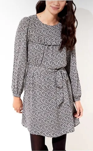 LOFT Ruffle Yolk Neck Tie Waist Long-Sleeve Floral Print Dress thumbnail 1